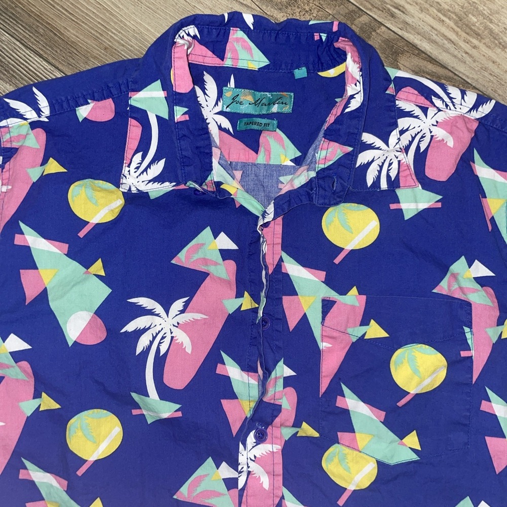 Joe Marlin Shirt Mens Large Blue Palm Trees Floral Tapered Fit Button Up‎ Vtg